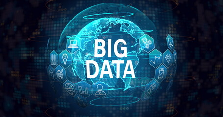 Poster - Image of big data text with icons over globe on black background
