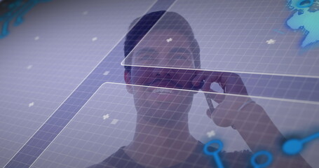 Poster - Image of digital screen with data over happy caucasian man having call