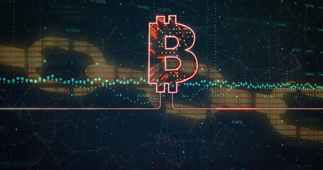 Poster - Image of bitcoin sign with circuit board over blockchain and data processing