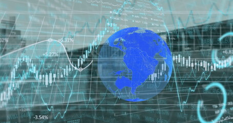 Poster - Image of financial data, graphs with blue globe on digital interface against building