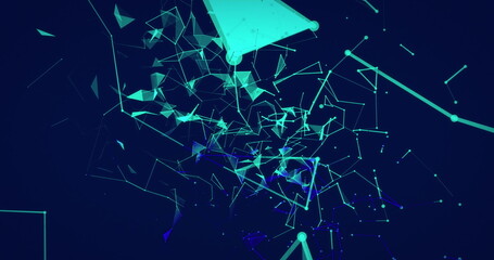 Poster - Image of dots interconnecting with lines and forming triangle shapes over blue background