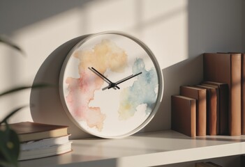 Poster - Abstract wall clock with watercolor design and books on a minimalist shelf