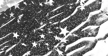 Poster - Image of white stars with white organic forms and particles moving on black background