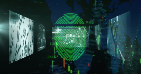 Poster - Image of fingerprint over data processing and digital screens