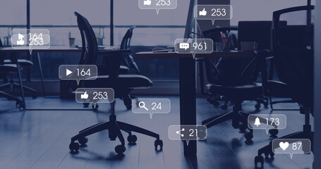 Poster - Image of media icons over office
