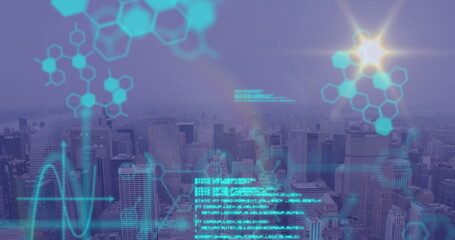 Poster - Image of data processing over cityscape