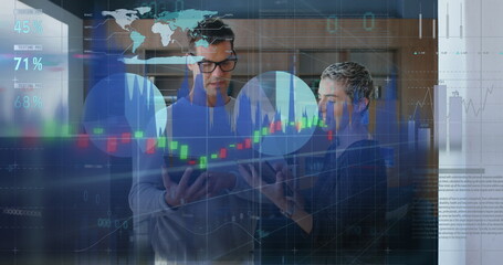 Poster - Image of statistics and financial data processing over diverse business people in office