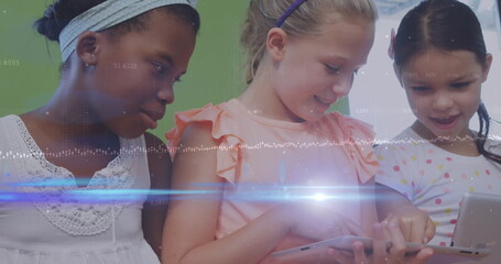 Poster - Image of dna strand spinning and connections over girl using tablet