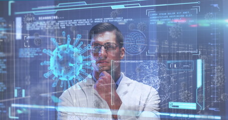 Poster - Image of data processing with virus cells over caucasian male doctor