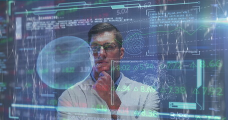 Poster - Image of data processing with virus cells over caucasian male doctor