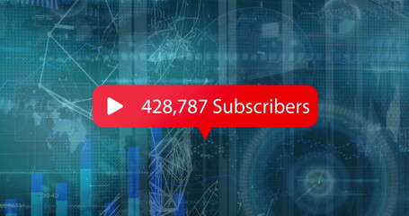 Poster - image of social media subscribers notification over charts processing data on interface
