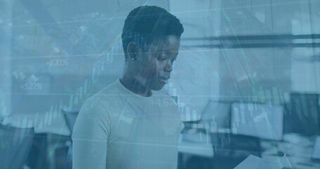 Poster - Image of data processing over african american woman in office