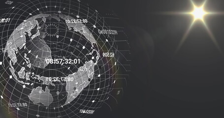 Poster - image of globe with data processing over circles on black background