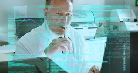 Poster - Image of caucasian male doctor over data processing