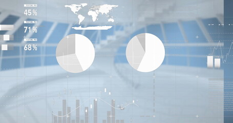 Poster - Image of statistics and data processing over empty office