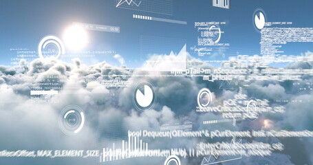 Poster - Image of data processing with network of connections and white light over city and sky at night