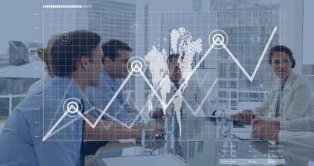 Poster - Image of data processing and world map over caucasian business people in office