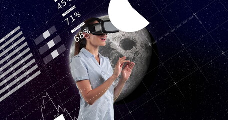 Poster - Image of data processing over caucasian woman using vr headset