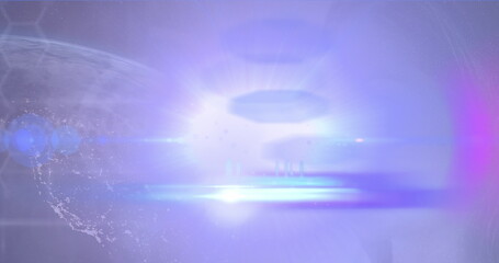 Poster - Image of pink light spot over globe against asian woman