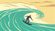 © Tasmin - Surfer riding a large wave silhouette against a warm beachy sky vintage illustration