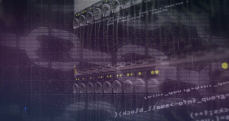 Poster - Image of analysis text and blockchains with server room in background
