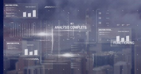 Poster - Digital data interface overlaying blurred skyline, with charts, data flow, glowing nodes, labels