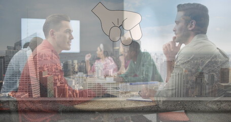 Poster - Image of covid cells over business people using electronic devices