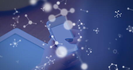 Poster - Image of molecules over hands of caucasian woman using smartphone