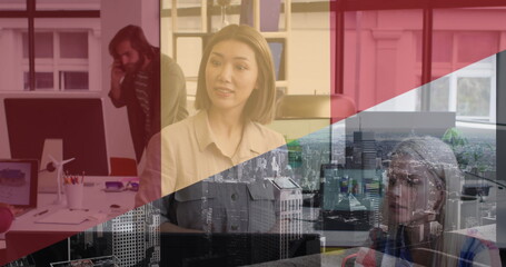 Poster - Digital composite image of multiracial colleagues discussing in modern office, city in foreground