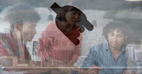 Poster - Digital icons floating against caucasian businessman using smartphone at office