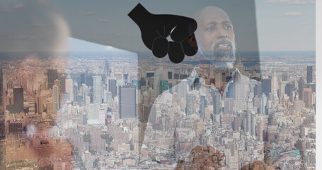 Poster - Image of hand icon over african american man in office and cityscape