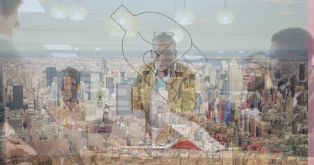 Poster - Image of hand icon over diverse businesspeople in office and cityscape