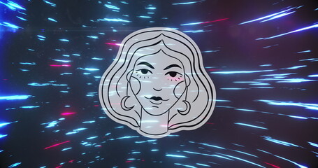 Poster - Image of head icon over light trails on black background