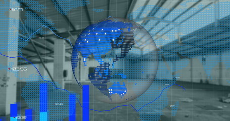 Poster - Image of financial graphs and globe over empty hall