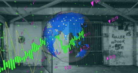 Poster - Image of financial graphs and globe over empty hall