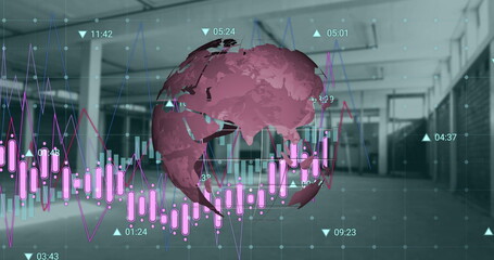 Poster - Image of financial graphs and globe over empty hall