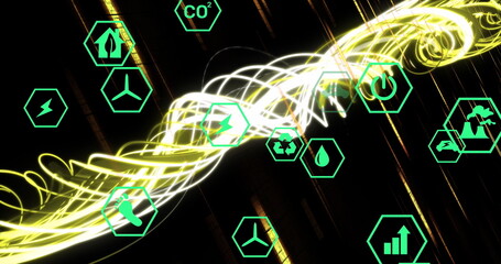 Poster - Image of wavy lights and eco icons on black background