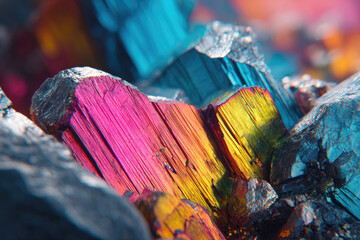 Aufkleber - Vibrant crystalline structures display spectrum of colors under polarized light, showcasing intricate patterns and textures. image captures chaotic beauty of mineral formations