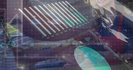 Poster - Image of statistics and financial data processing over caucasian man paying with smartphone