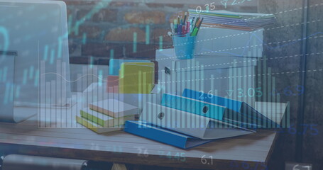 Poster - Image of graphs and charts processing data over stationery and computer on office desk
