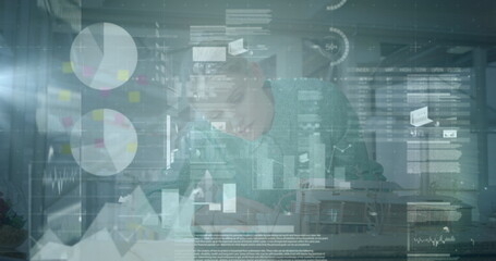 Aufkleber - Image of various digital data moving over focused caucasian businesswoman working in office
