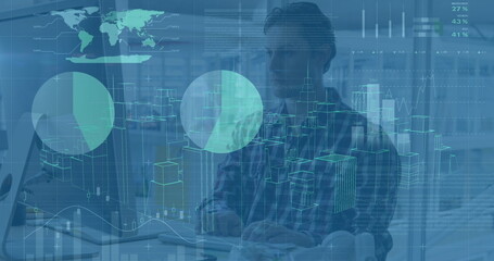 Aufkleber - Image of cityscape model and graphs over focused caucasian architect using desktop computer