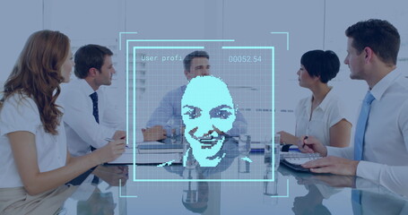 Poster - Image of social media user over diverse businesspeople in office