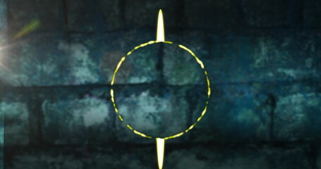 Poster - Image of neon circle over dark green brick wall