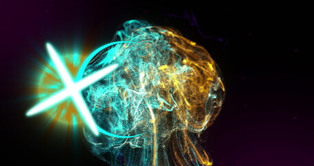 Poster - Image of neon circles, cross and smoke on black background
