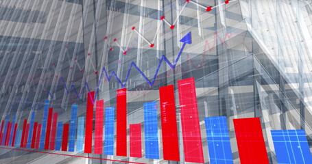 Poster - image of statistics and data processing over cityscape and computer servers