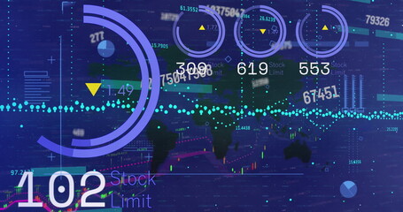 Poster - Image of numbers, world map and financial data on digital screen