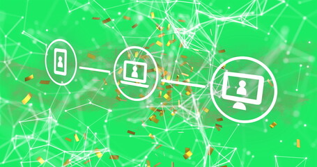 Poster - Image of confetti falling over network of connections against digital wave on green background