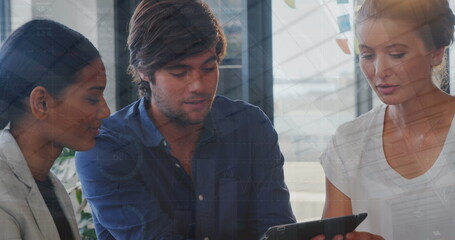 Poster - Image of data processing over diverse colleagues discussing over digital tablet at office