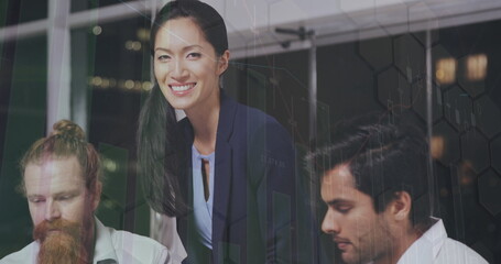 Poster - Image of statistics and financial data processing over diverse business people